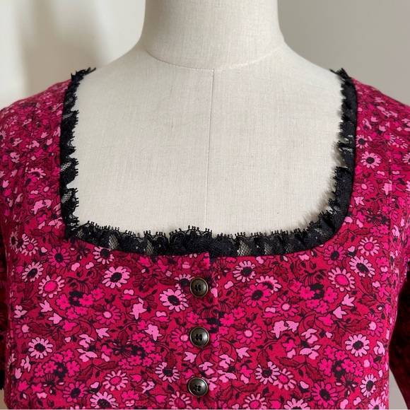 Anthropologie Women’s Maeve Red Black-SZ M-Babydoll Short Puffed Sleeves Top - Picture 4 of 10